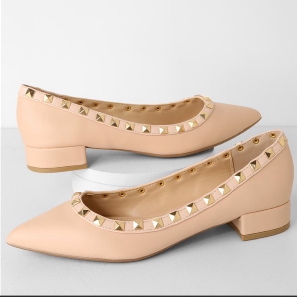 Lulus Adelyn Nude Studded Low Pointed-Toe Heels
